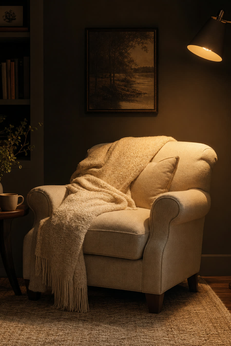 A reading chair in a corner lit by one warm floor lamp, the rest of the room in shadow.