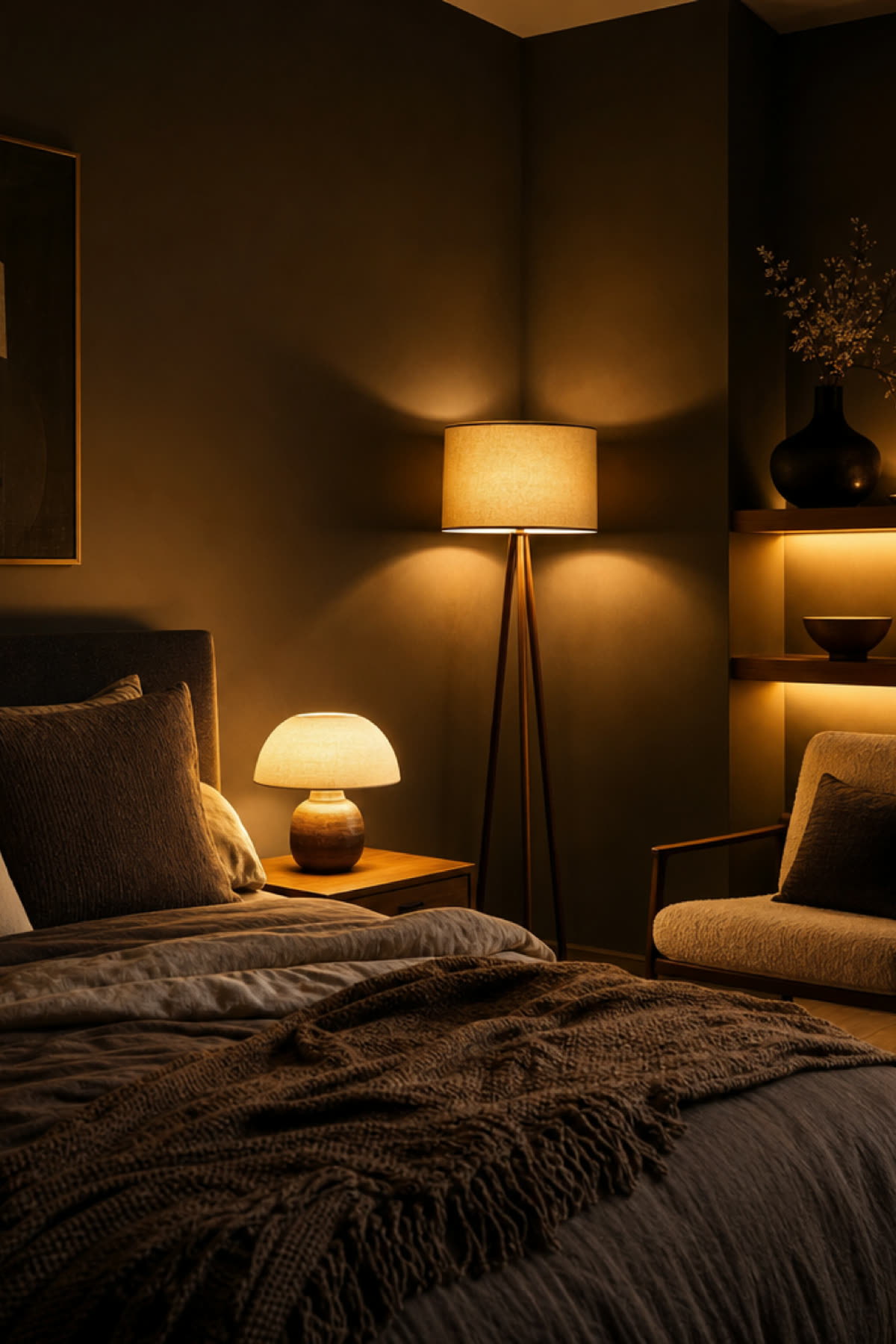 A bedroom lit by three warm sources below eye level: a bedside lamp, a tripod floor lamp and a shelf glow.