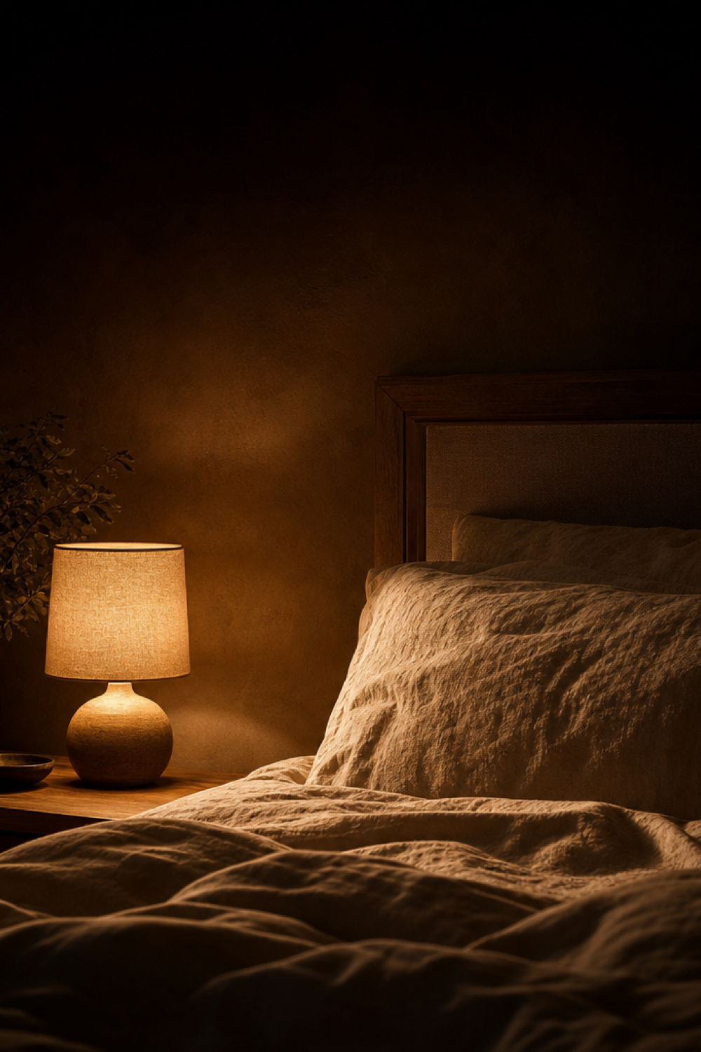 The same kind of room lit by one small warm bedside lamp below eye level, with the rest of the room falling into shadow.